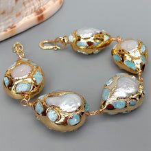 Load image into Gallery viewer, Natural  White Coin Freshwater Pearl Blue larimar Chips Pave