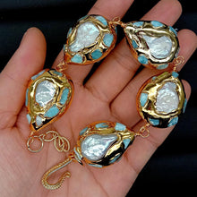 Load image into Gallery viewer, Natural  White Coin Freshwater Pearl Blue larimar Chips Pave