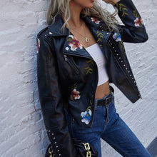Load image into Gallery viewer, Spring Autumn Floral Print Embroidery Faux Leather Jacket
