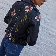 Load image into Gallery viewer, Spring Autumn Floral Print Embroidery Faux Leather Jacket