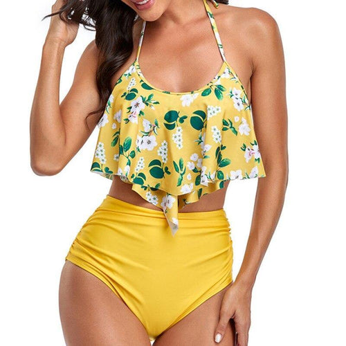 Yellow Ruffle Print Large Swimsuits Beach Bikini Push Up Female Plus - Sophornlilly