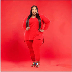 2 Piece Tracksuit Solid V neck Long