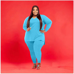 2 Piece Tracksuit Solid V neck Long