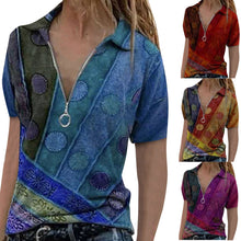 Load image into Gallery viewer, Zip V neck Women&#39;s Tunic Retro Printed Short Sleeve Blouses Women