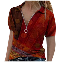 Load image into Gallery viewer, Zip V neck Women&#39;s Tunic Retro Printed Short Sleeve Blouses Women