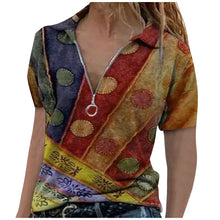 Load image into Gallery viewer, Zip V neck Women&#39;s Tunic Retro Printed Short Sleeve Blouses Women