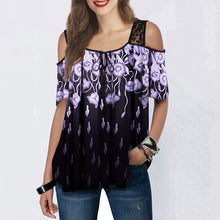 Load image into Gallery viewer, Cold Shoulder Printed Lace Patchwork Blouse Tops Short Sleeve