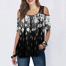 Load image into Gallery viewer, Cold Shoulder Printed Lace Patchwork Blouse Tops Short Sleeve