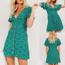 Load image into Gallery viewer, spring autumn ruffle sleeve V neck button green chiffon short sleeve - Sophornlilly