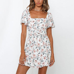 summer short sleeved square collar white floral dress traff style za - Sophornlilly